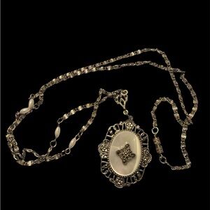 VTG 1928 Filigree Silver Tone Necklace Marcasite Flowers Mother of Pearl